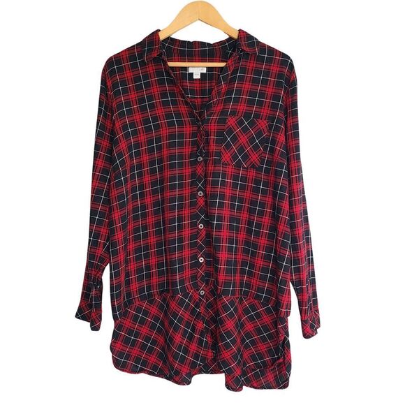 J. Jill Tunic Top L Red Black Plaid Button-Front V-Neck Long Sleeve Pocket Shirt - Picture 1 of 11